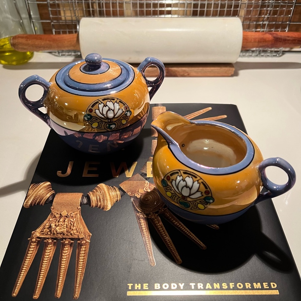 Vintage Japanese Lusterware Creamer + Covered Sugar Set “Made in Japan” Lotus